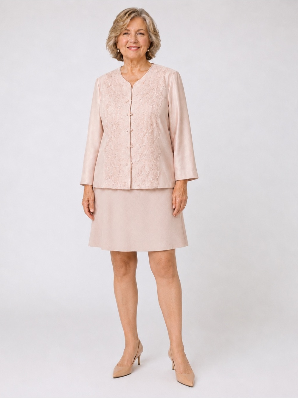 Vintage Alfred Dunner Blush Pink Lace Pearl 2Pc Skirt Set 18 fits like a M/L